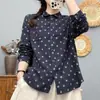 Camisa de manga larga de gasa de algodón de doble capa con estampado floral pequeño para mujer, holgada y favorecedora, vintage de otoño, artística, casual, versátil, básica
