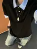 Camisa Azul com Gola Listrada, Camisa Polo de Manga Curta para Homem, Camiseta Regular de Verão Cleanfit Falsa de Duas Peças com Ombro Normal, Elegante de Meia Manga