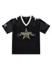 Camiseta de Gola V de Manga Curta Estilo High Street Americano para Homens e Mulheres, Verão Solta Casual Esportiva, Top Respirável com Bordado de Estrela de Cinco Pontas