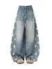 Calça Jeans Lavada Estilo Retrô Americano com Estampa de Estrelas para Homens e Mulheres Marca de Moda High Street Solta Bonita Casual Perna Larga Calça Cimitarra