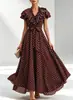 Vestido vintage de lunares marrones estilo francés para mujer con mangas volantes, escote en V, cintura con cinturón y falda larga elegante