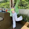 Conjunto de Biquíni Verde Menta Três Peças com Saída de Praia com Proteção Solar + Calça Wide Leg Listrada para Mulheres, Ootd para Férias na Praia Roupa de Verão