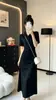 Vestido Casual Negro para Mujer, Estilo Retro Francés de Verano, Corte Entallado, Vestido Camiseta de Manga Corta de Longitud Media Fruncido