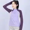 Roupa de Secagem Rápida para Uso Externo Feminina, Gola Alta Respirável, Manga Longa, Color Block, Elástica Amiga da Pele para Esportes de Montanhismo e Caminhada, Primavera e Outono