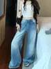 Jeans azules lavados de pierna ancha para mujer, pantalones rectos de cintura alta vintage para verano, pantalones largos casuales holgados versátiles