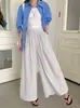 Foto Real de Calça de Listras Wide Leg para Mulheres, Nova Primavera/Verão Cintura Alta Solta Casual Reta Comprimento Total Algodão Linho Calça de Alfaiataria 14867