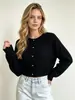 Venta al por mayor transfronteriza desde la fábrica de origen: Cárdigan corto de punto para mujer de otoño e invierno con cuello redondo, botones dorados en forma de corazón y mangas raglán