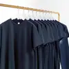 Algodão de Alta Qualidade de Xinjiang! Camiseta Base Casual Solta de Manga Curta com Gola Redonda, Cor Sólida, Azul Marinho, 300g, Tecido Pesado, Ombros Levemente Caídos