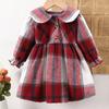 Vestido Novo Estilo Coreano Outono 2026 para Meninas Jovens, Vestido Princesa Xadrez com Gola Baby Doll, Bonito e Quente na Moda