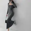 Vestido ajustado de manga larga con cuello cuadrado y clavícula de estilo francés para mujer, vestido largo ajustado de cintura alta y cola de pez para otoño.