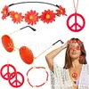 Conjunto de Acessórios Roupas Hippie Anos 70 Óculos Vintage Brincos e Colar Símbolo da Paz Faixa de Cabelo Girassol