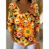 Estación Independiente Transfronteriza Europea y Americana Nueva Camiseta de Moda para Mujer Estampado 3D Color Degradado Cuello en V Manga Larga Top Verano Europeo y Americano