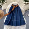 Falda vaquera estilo universitario para mujer, cintura elástica, línea A, longitud media, falda de verano para ir al trabajo, cintura alta, adelgazante, falda con temperamento