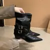 Botines blancos de punta fina con tacón grueso, nuevos para otoño e invierno 2026 para mujer, con hebilla de cinturón, botines de montar sin cordones, botines de media pierna
