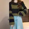 Nuevo Suéter Rayado Corto para Mujer Otoño e Invierno Retro Color de Contraste Holgado Estilo Perezoso Suéter de Punto