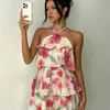 Nuevo Vestido Corto de Verano para Mujer Estilo Elegante y Romántico Estampado Floral Multicapa Sexy Espalda Descubierta Cuello de Atar