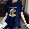 Camiseta de manga corta para mujer, sobrestock de comercio exterior transfronterizo, cuello redondo, talla grande, corte holgado, estampada, con abertura y dobladillo irregular