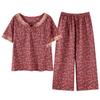 Pijama de Gasa de Algodón Tejido para Mujer Verano Algodón Puro Pantalones Capri de Manga Corta Finos de Verano Ropa de Casa de Algodón Puro para Madres de Mediana Edad