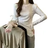 Ropa para mujer de talla grande: camiseta base adelgazante, que disimula la barriga, de un solo hombro, plisada asimétrica, con lentejuelas, con abertura, de manga larga para mujer
