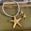 Colar com Pingente de Estrela Metálica e Estrela-do-Mar com Gotejamento de Óleo Estilo Férias, Design de Nicho de Luxo Leve, Acessório de Corrente para Clavícula Delicado e Versátil