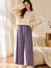 Pantalones de casa de pierna ancha con lazo de terciopelo Oli para mujer de otoño e invierno, pantalones rectos casuales sueltos de punto suaves y acogedores para uso en exteriores.
