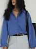 Camisa Retro Azul de Manga Larga para Mujer 2026 Nuevo Estilo Principios de Primavera Top Holgado y Versátil