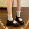 Mary Janes de Salto Grosso com Laço Decote Baixo Feminino 2026 Novo Outono Versátil Aumentador de Altura Estilo Britânico Sapatos Pequenos de Couro Sapatos de Salto Único