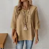 Camiseta Mujer Algodón y Lino Casual Holgada Manga Larga Otoño Nuevo Estampado Amazon Margarita Tejida Retro