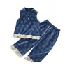 Conjunto de Verano Estilo Coreano de Mezclilla Sintética con Encaje Floral, Top sin Mangas de Moda y Pantalones de Pierna Ancha para Niñas, Conjunto de Dos Piezas, Artículo Popular Transfronterizo