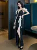 Vestido de noche negro con estampado de camelia para mujer, lujo ligero, mangas con volantes, abertura, vestido largo para anfitriona de banquete