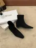 Primer Encuentro Botines Cuadrados de Invierno Estilo Coreano para Mujer, Botines Elásticos de Ante, Tacón Grueso, Botines Elegantes Adelgazantes, Botines con Cremallera Trasera