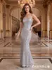 Comércio exterior Vestido de noite feminino europeu e americano com alça de lantejoulas, elegante vestido longo justo estilo sereia, vestido sexy de luxo leve para festa
