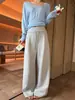Pantalones de Pierna Ancha con Cordón de Tejido de Aire Baishiwang para Mujer Otoño Cintura Alta Caída Sueltos Adelgazantes de Longitud Completa Casual Largos
