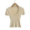 Nuevo Top de Punto Veraniego Retro Americano Chica Picante de Cuello Redondo Bajo Manga Corta con Clavícula Expuesta, Camiseta Corta Ajustada que Ceñe la Cintura de Manga Corta