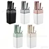 Conjunto de facas de aço inoxidável com sete peças, apresentando cabo horizontal e um bloco de facas quadrado, um conjunto de facas de cozinha de 7 peças