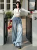 Jeans de pierna ancha azul claro para mujer, nuevo diseño de otoño 2026, de cintura alta, adelgazantes, que realzan la altura, de pierna recta, pantalones de largo hasta el suelo