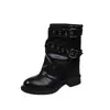 Botas de Invierno para Mujer Estilo Retro Hebilla Tacón Grueso Botas tipo Martin 2026 Otoño Nuevo Punta Redonda Gamuza Caña Media Fruncidas Botas de Jinete