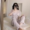Pijama de seda estilo francês para mulheres com bojo de renda, terno sexy, calças de manga curta, pijama leve e luxuoso, roupas de casa