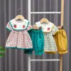 Ropa de Verano de Moda para Niños Estilo Nuevo Niñas Dulce y Linda Fresa Cuadros Manga Corta Falda Shorts Traje de Dos Piezas de Verano
