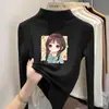 Ropa interior para niñas con forro polar, nuevo estilo otoño/invierno, manga larga, a la moda, cuello semi-alto, cálida, top estampado para niñas pequeñas y grandes
