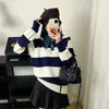 Estilo Coreano Estilo Academia Cuello de Mezclilla Tejido de Punto Rayado Blanco y Negro para Mujer Otoño Invierno Transfronterizo Nuevo Estilo Bloque de Color Versátil Suéter Adelgazante