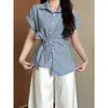 Elegante camisa de cuadros de manga corta para mujer, nueva colección de verano 2026 para mujer trabajadora, top versátil y elegante con cinturón en la cintura