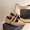 Zapatos Mary Jane Planos de Punta Aguda Retro Europeos y Americanos con Aumento Interno de Altura de Cuero Suave para Mujer Marrones con Correa de Remache Boca Baja