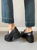 Versión de Piel de Vaca Talla Pequeña Suela Gruesa Mocasines Tacón Grueso para Mujer Plataforma Impermeable Zapatos de Salón Tacón Alto Estilo Británico Mocasines Retro