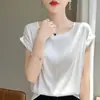 Regata de acetato acetinado de venda quente no verão com gola redonda, corte solto, mangas caídas, cor sólida, camiseta versátil, top moderno que afina para mulheres