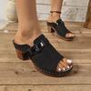Primavera y Verano Nuevo Estilo Hebilla de Cinturón Tacón Grueso Europeo y Americano Zapatillas de Tacón Medio Sandalias Romanas de Punta Abierta para Mujer