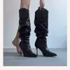 Botas de salto alto stiletto bico fino plus size, novo estilo outono e inverno 2026, botas plissadas empilhadas, botas de montaria, botas longas de salto alto para pessoas baixinhas