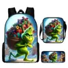 Monstro de Cabelo Verde Grinch Mochila Escolar Grinch Transfronteiriça Nova Mochila Escolar Mochila Cartoon Conjunto de Três Peças Bolsa Lateral Estojo