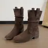 Botas Plataforma Robusta 2026 Emagrecedoras V-Stack Outono Aumentadoras de Altura para Meninas, Botas de Cano Médio Femininas, Estilo Western Doce e Descolado Lançamento