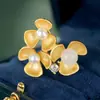 Broche de flor de pérola em prata S925 com incrustação de jade branco Hetian, broche 3D dourado, joia de estilo antigo, feminino, estilo antigo